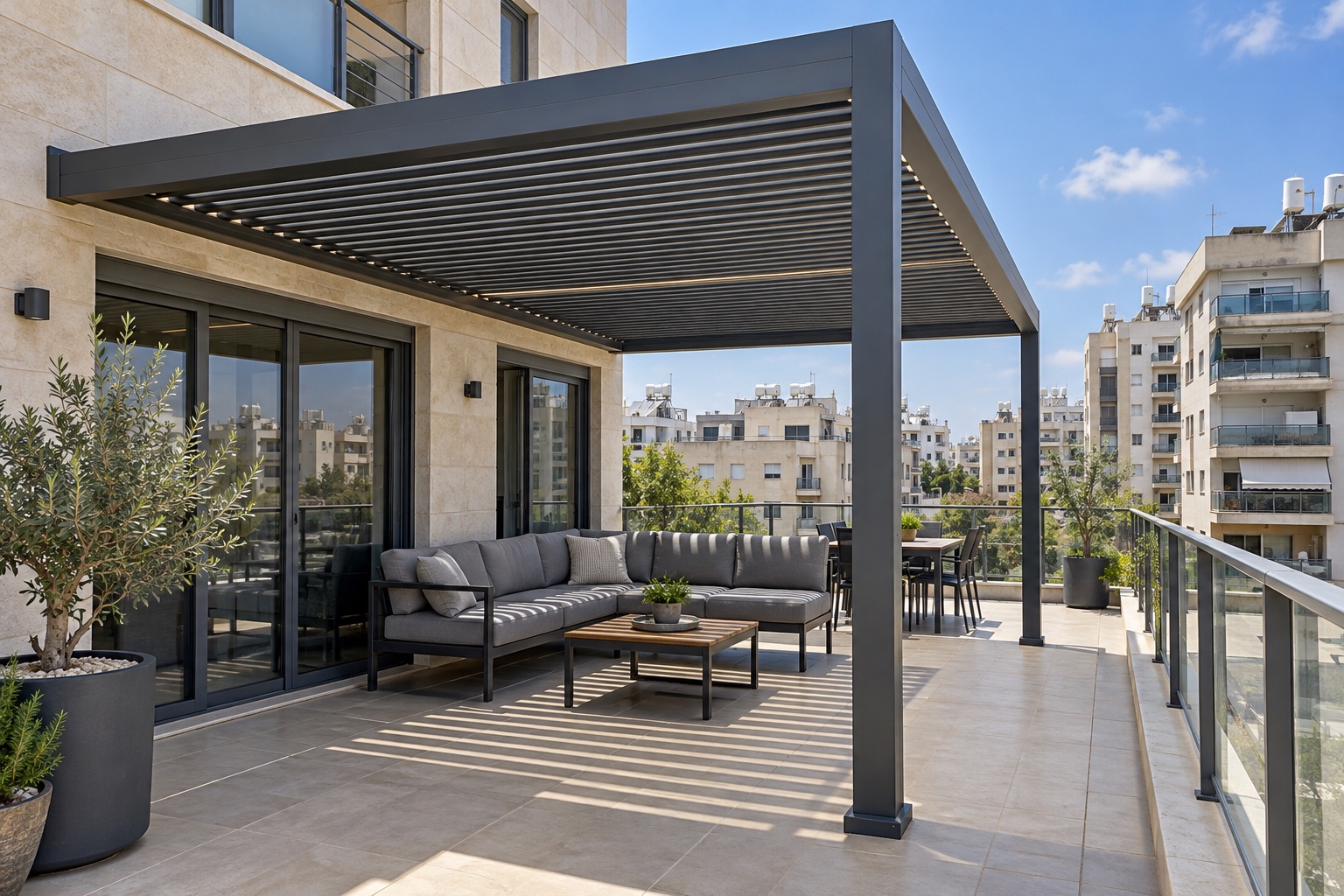 פרגולת אלומיניום מעל פינת ישיבה במרפסת