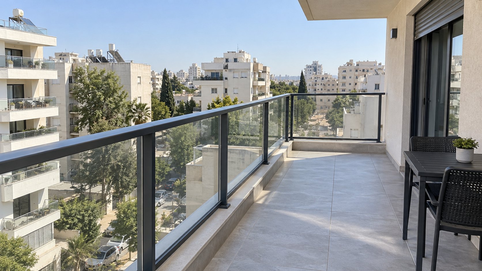 מעקה זכוכית עם מאחז אלומיניום כהה במרפסת