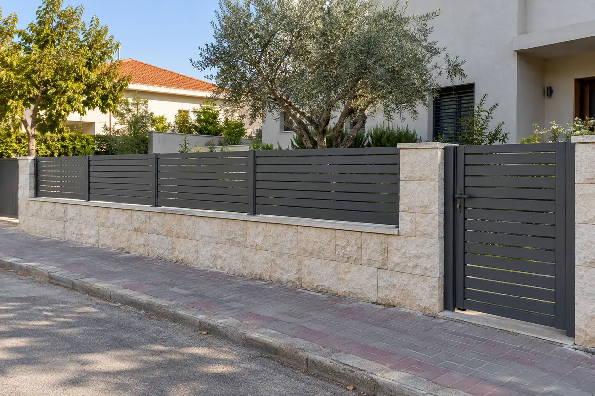 רעיון עיצובי: גדר אלומיניום כהה עם שלבים אופקיים