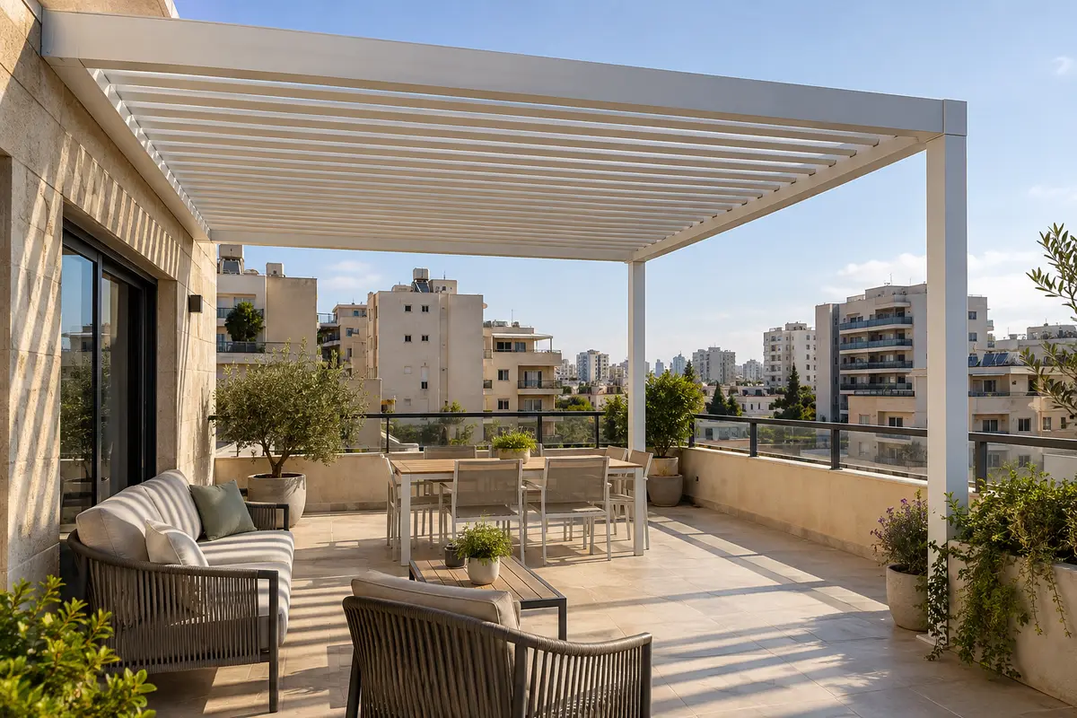 רעיון עיצובי: פרגולה לבנה במרפסת גג