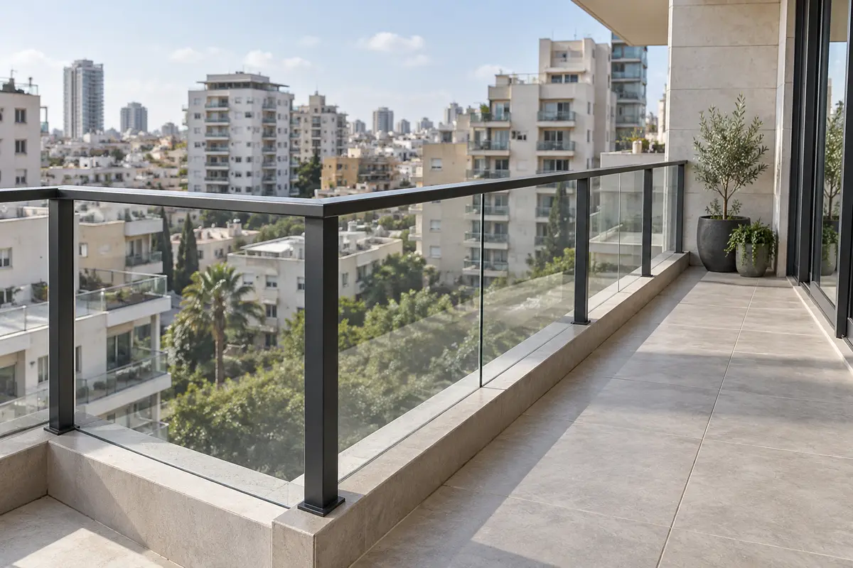 רעיון עיצובי: מעקה זכוכית עם מאחז אלומיניום כהה