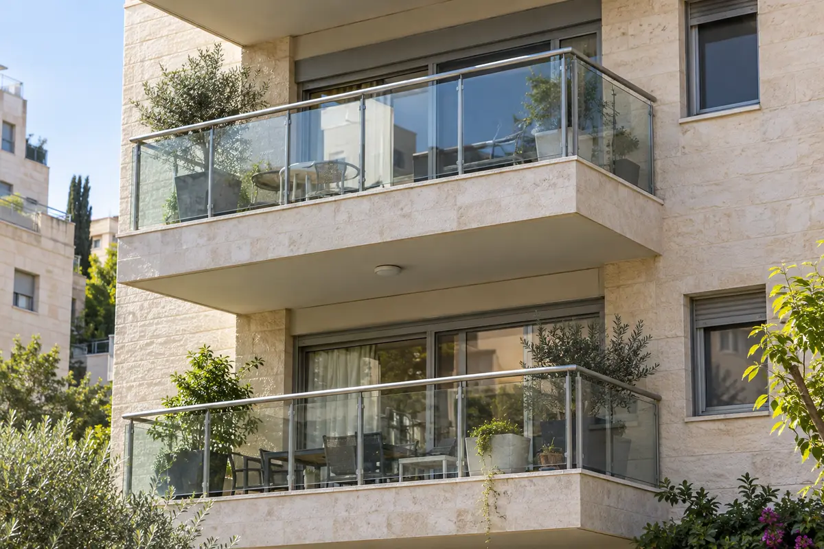 רעיון עיצובי: מעקות זכוכית עם מאחז כסוף בחזית בניין