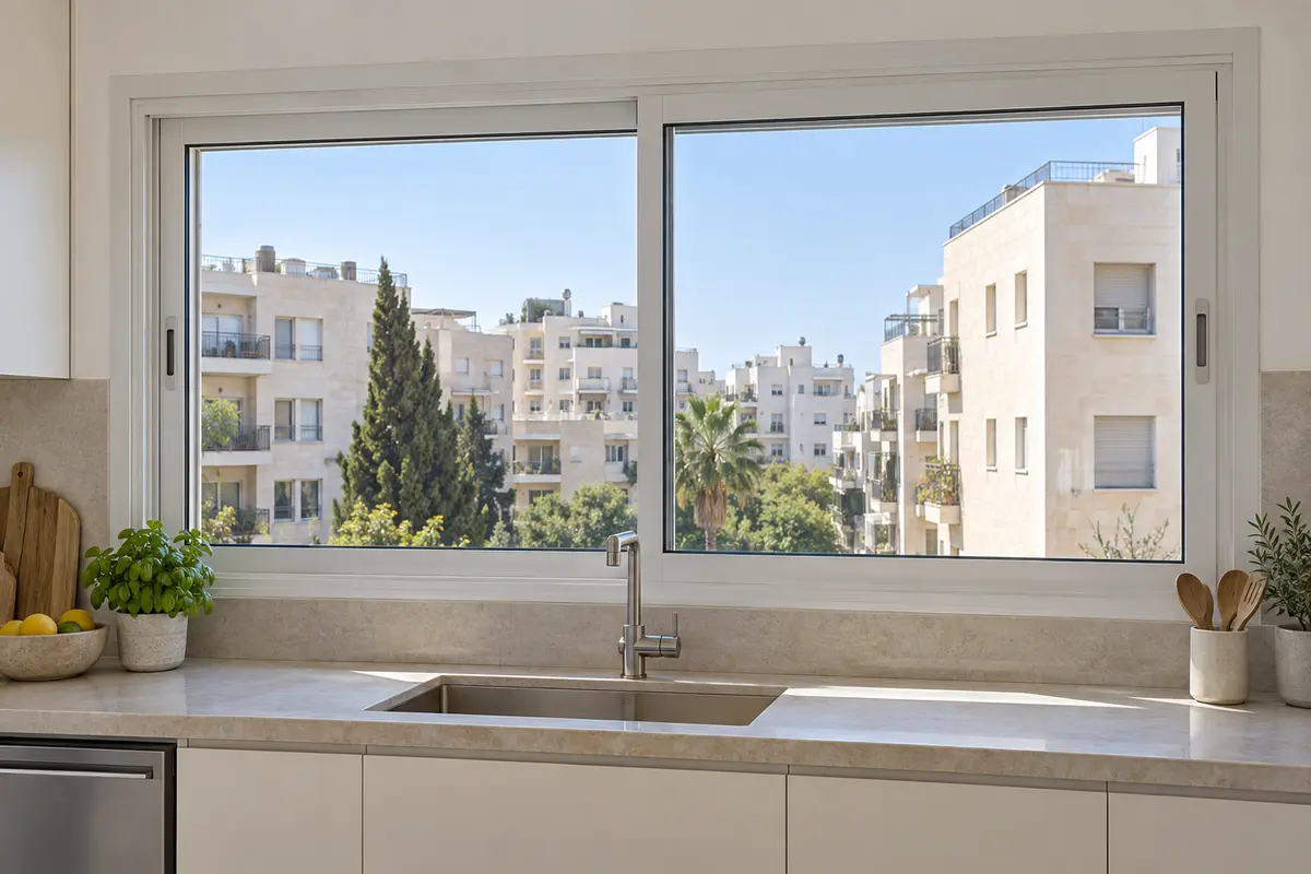 רעיון עיצובי: חלון הזזה לבן מעל משטח המטבח